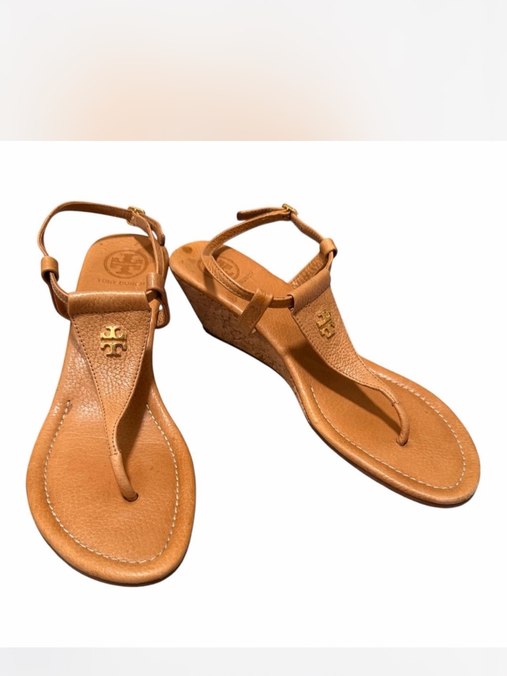 Tory Burch Cognac Leather Wedge Thong Sandals